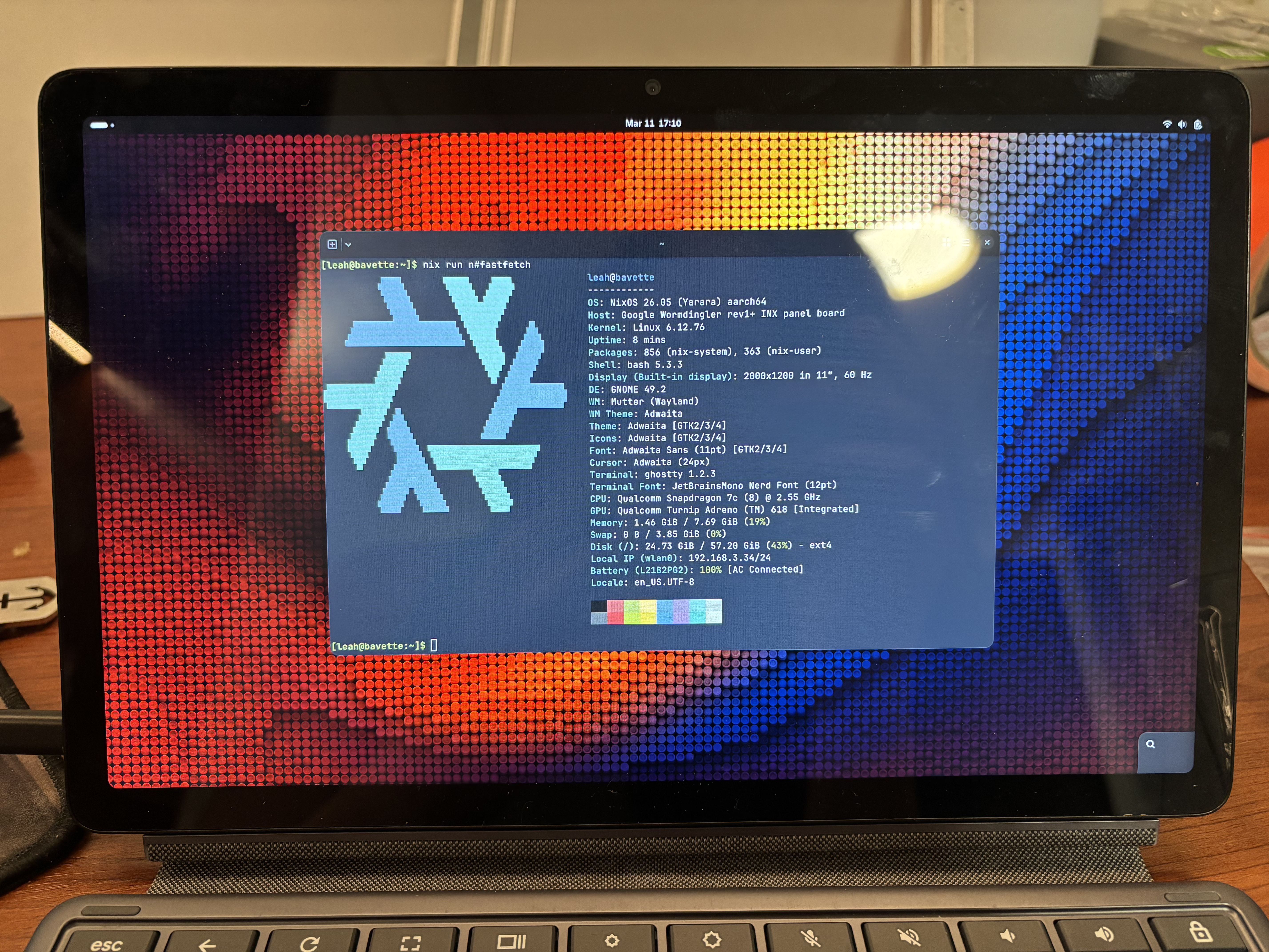 fastfetch running under Ghostty on GNOME, showing the glorious Nix snowflake