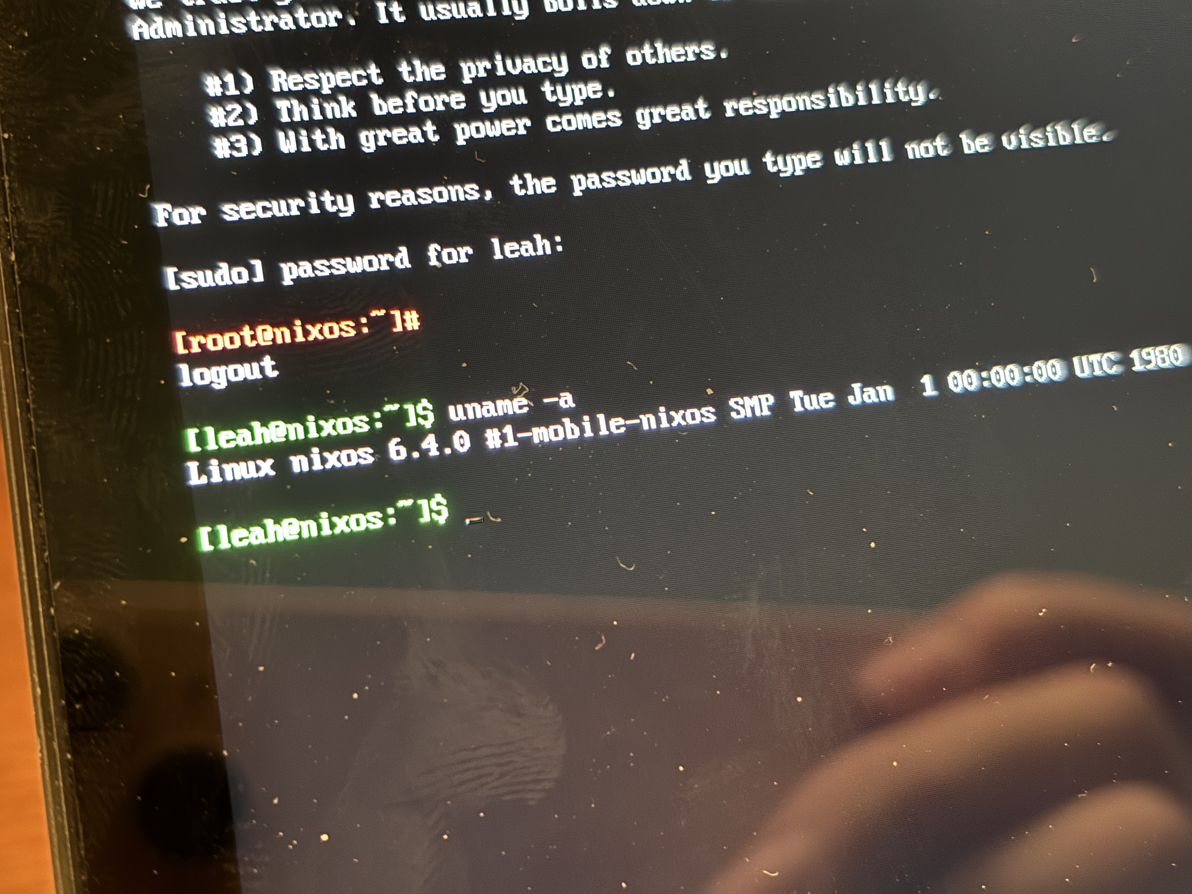Output of `uname -a` showing that yes, indeed, we are in NixOS.